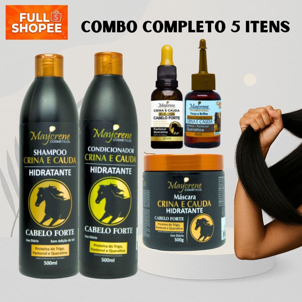 Combo Cavalo - Crina e Cauda - Maycrene 5 itens Anti Queda Brilho Força Crescimento Beleza Frizz