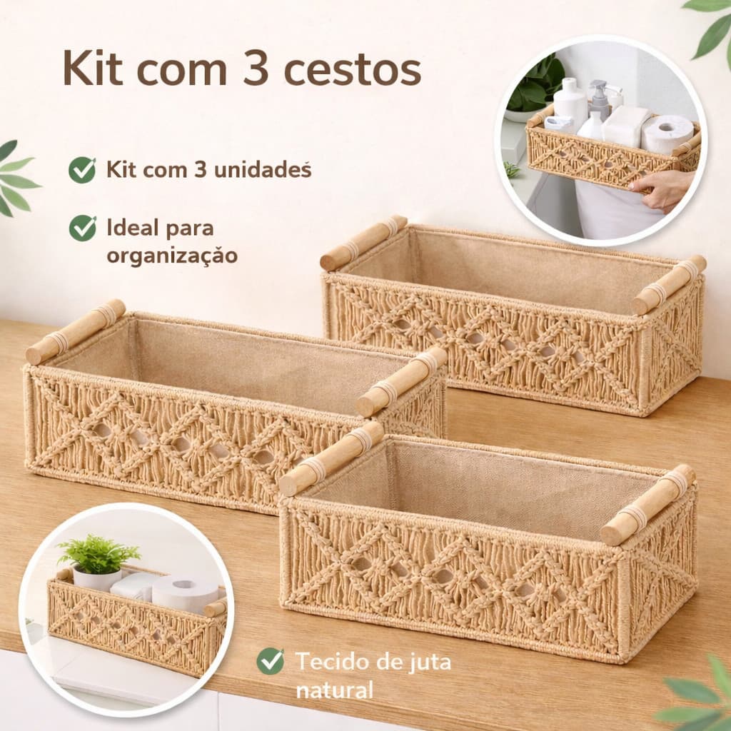 Kit 3 Cesto Organizador Tecido + Bambu Cestas Multifuncional Caixa De Armazenamento