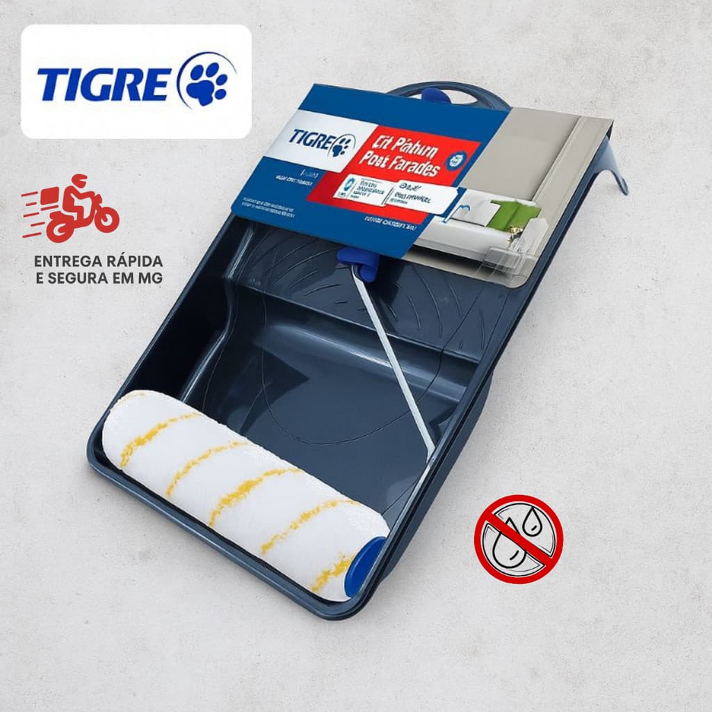 Kit Pintura Antirrespingo Tigre 1576 3 Peças Rolo Antigota c/ Suporte e Bandeja Preta Kit de Pintura