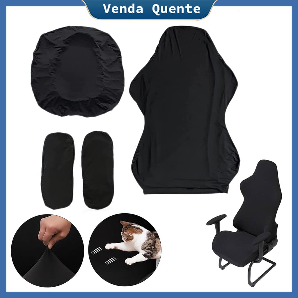 Kit 4 peças protetor para cadeira gamer, preto elástico, 2 capas para braços, 1 para encosto e 1 para assento