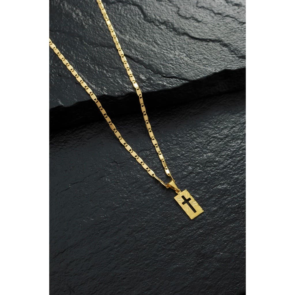 Corrente Piastrini Masculina com Pingente Placa Cruz Banhados a Ouro 18k Correntinha Cordão