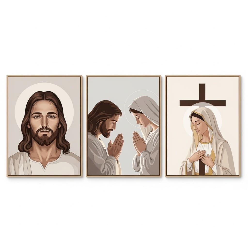 Kit Quadros Católicos Minimalistas Jesus e Maria Tons Pastéis e beje