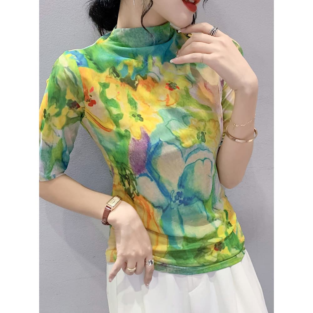 Camisa de fundo de meia gola alta feminina de manga média início do outono 2024 novo estilo Tie-Dye impresso gaze camise