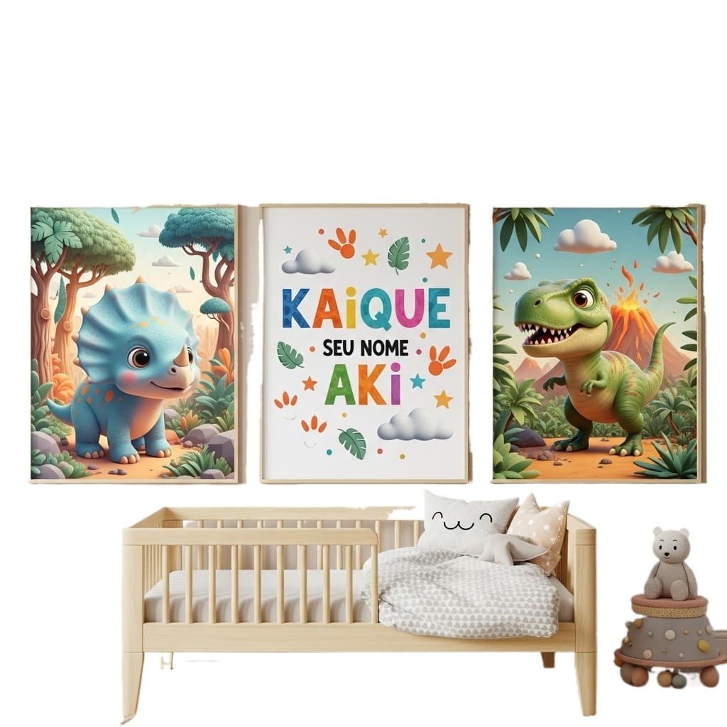 Kit 3 Quadros Dinossauro Personalizado com Nome – Decoração Quarto Infantil Quarto Sala Frete Gratis
