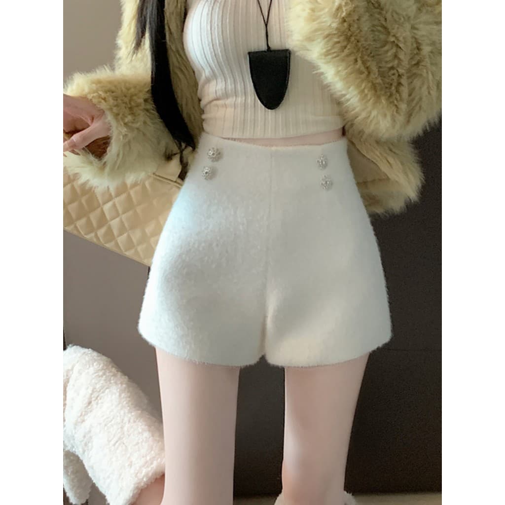 Xiaoxiang estilo grosso lã Casual Shorts feminino outono inverno novo estilo exterior usar cintura alta solta calças de