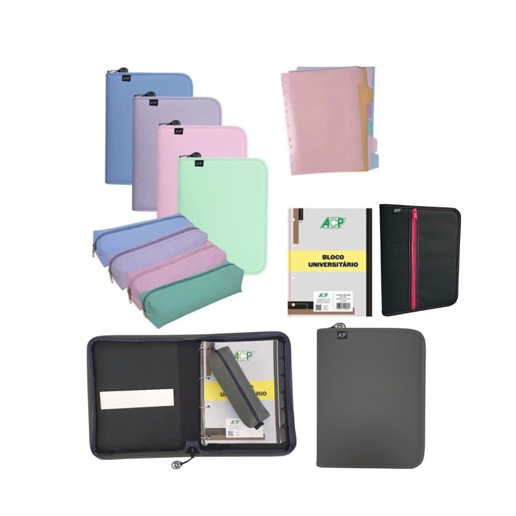 Caderno Fichário Universitário Argolado ACP + Estojo + Bloco 96 Folhas - ACP