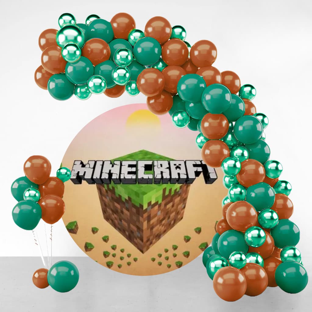 Kit Festa 125 Balões Minecraft + Fita Arco - Balão Bexiga Liso/Cromado Para Aniversário