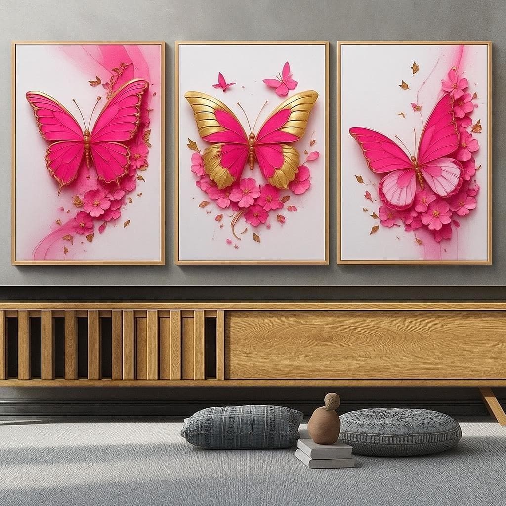 Kit 3 Quadros Decorativos Borboletas Rosas Pink Luxo 3D para Sala Quarto Parede Moderna MDF