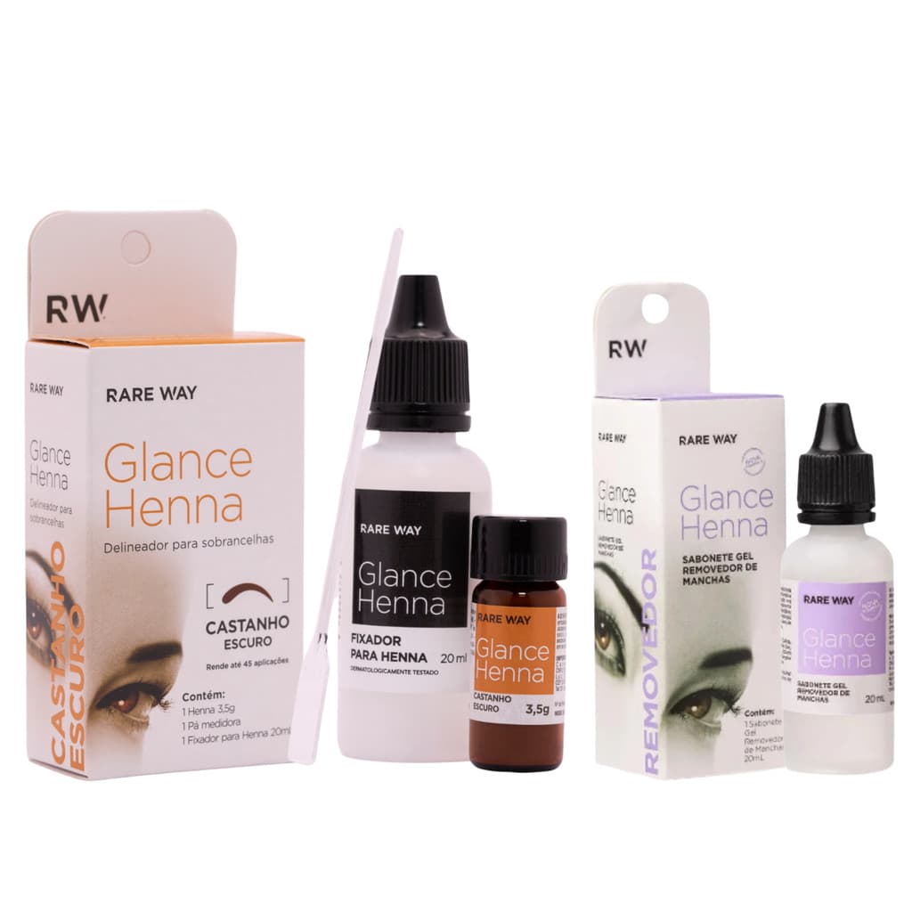 Kit Henna para Sobrancelha Glance Castanho Escuro 3,5g + Removedor Henna 20ml Rare Way Original