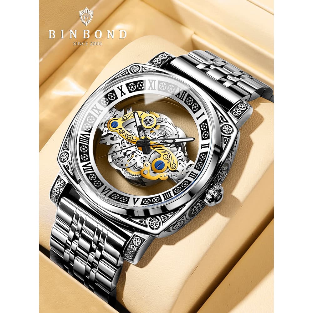 Binbang Retro novo estilo relógio de quartzo moda masculina esculpida oco turbilhão Casual couro grande mostrador relógi