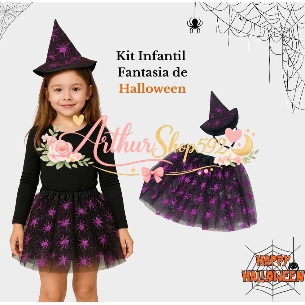 (V)Fantasia Infantil Bruxinha Roxa com Saia Tule e Chapéu – Tema HalloweenOPZV