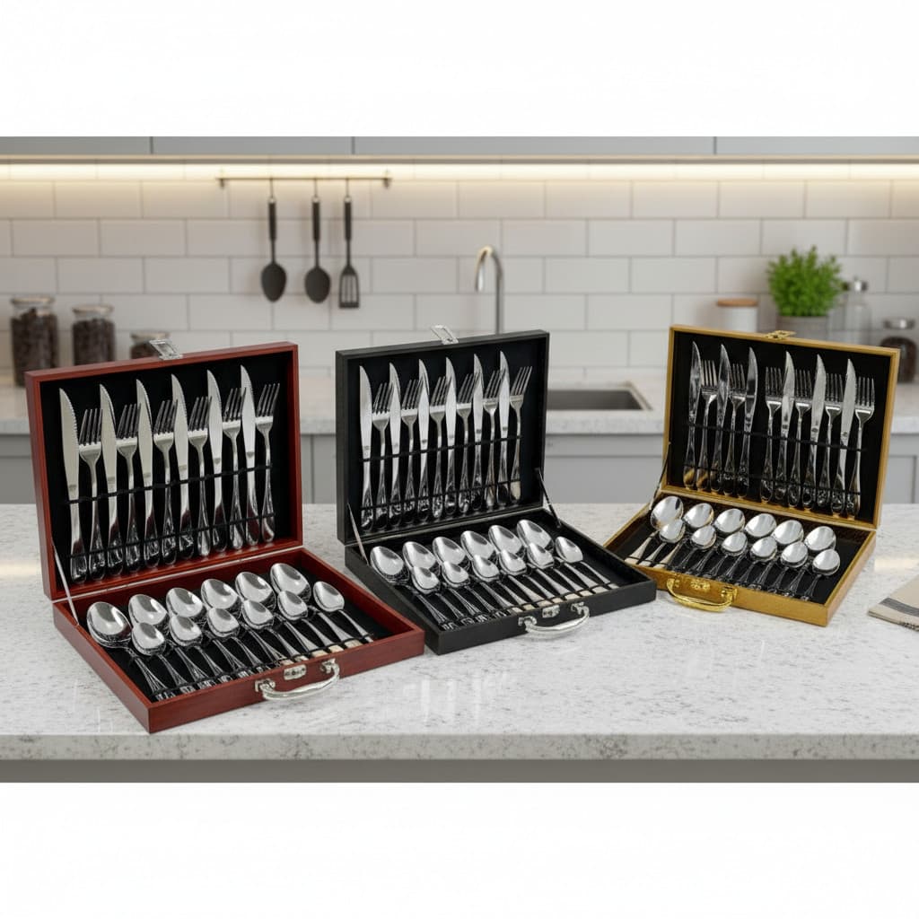 Conjunto Talheres Inox 24 Peças Luxo Elegante Sofisticado Maleta Organizador Marrom Dourado Preto