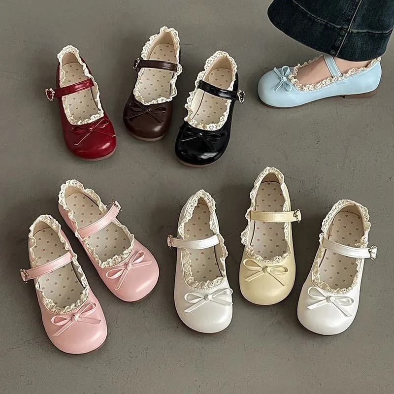 Sapatos Mary Jane Retrô Redondos Com Laço E Renda Plana , Femininos Franceses De Couro Plano Sola Macia