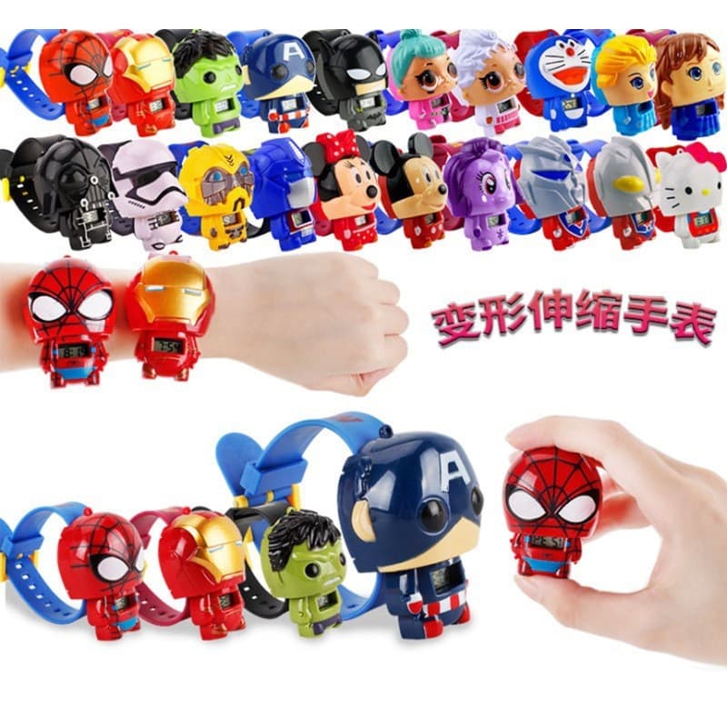 Crianças dos desenhos animados eletrônico retrátil relógio deformação Anime relógio eletrônico homem de ferro Spiderman