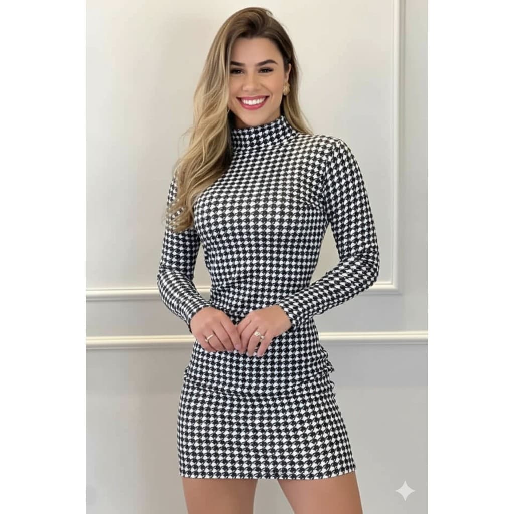 vestido feminino curto pied poule elastano gola alta manga longa