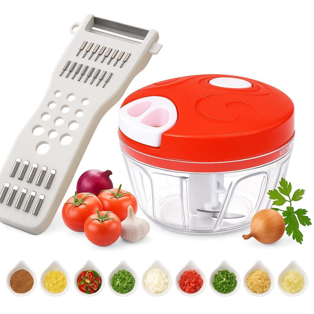 Kit Cozinha 5x1 Triturador Manual 500ml + Descascador Multifuncional | Pica Legumes, Frutas e Alimentos