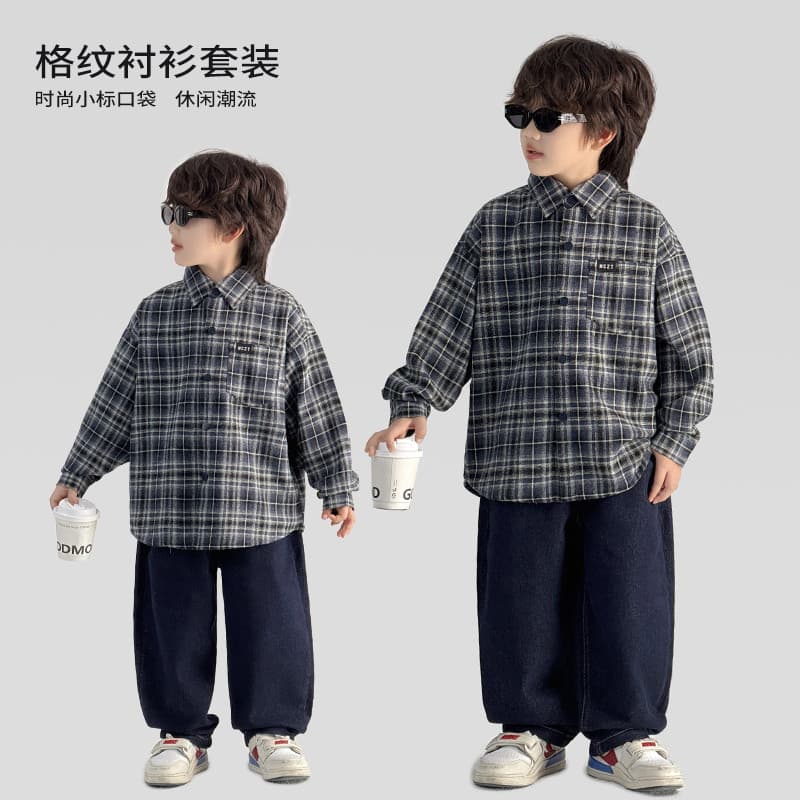 Trabalho médio roupas infantis menino terno camisa de manga comprida Jeans moda Casual terno de duas peças primavera out