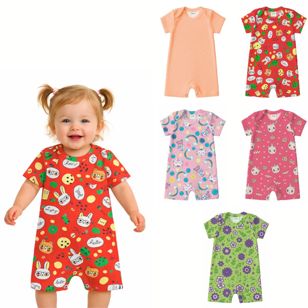 Kit 5 Macaquinhos Bebê Menina Canelado Premium | Com Botões | Algodão Macio | P ao 3 Anos