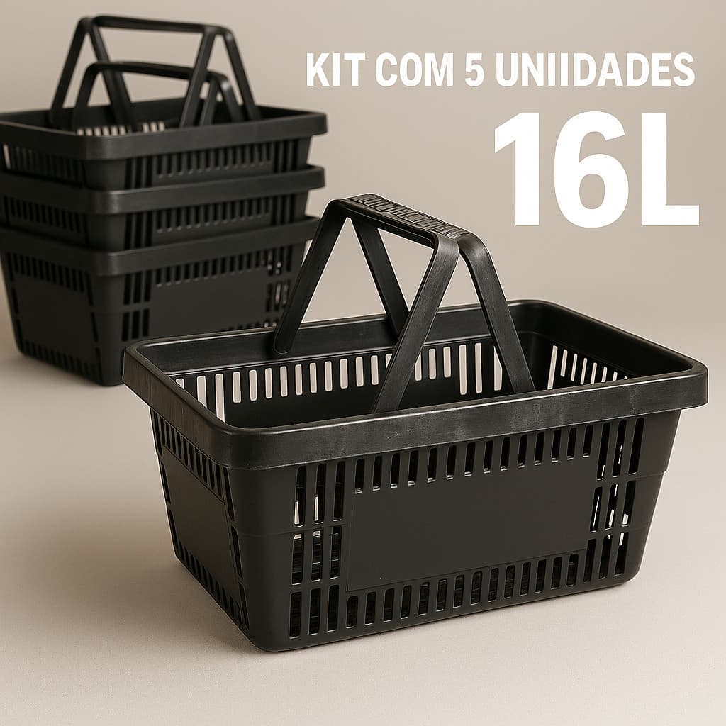 KIT 5 Cestinhas Cesta de Supermercado Plástica Preta 16L Envio Imediato Alça Reforçada Ideal para Lojas, Mercados