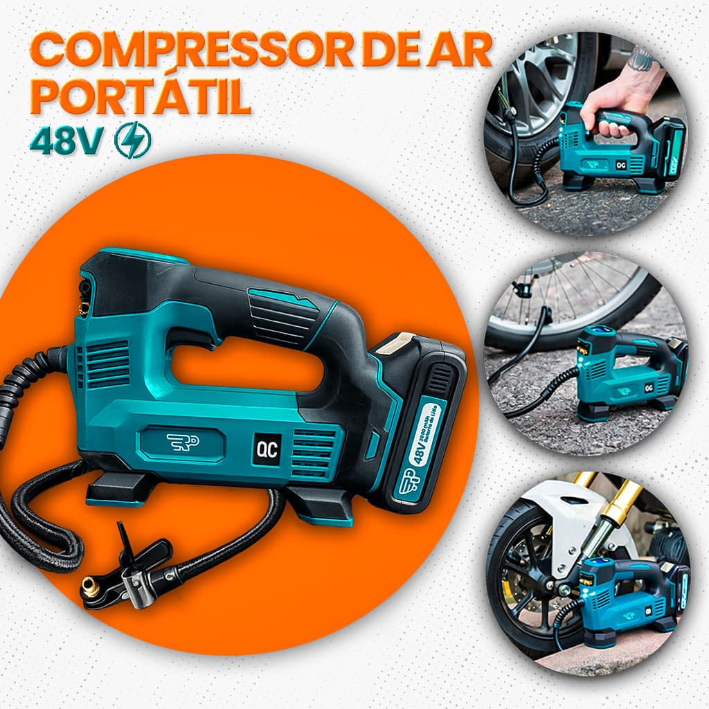 Compressor de Ar Bomba Elétrica Portátil Sem Fio 48V Calibrador Regulador Digital 120 PSI 2 Baterias