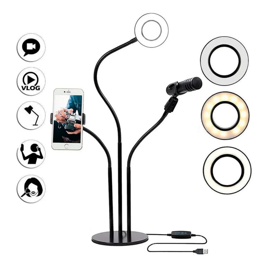 Suporte 3 Em 1 Filmagem Ring Light Celular E Microfone Profissional Mesa Estúdio YouTube 🎥🎙️💡