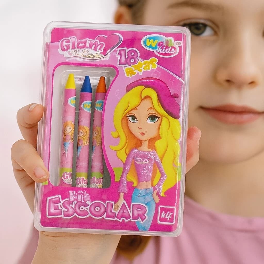 Estojo Infantil Escolar Glam Girl 18 Peças Organizador Completo Canetinha Lápis Giz Borracha