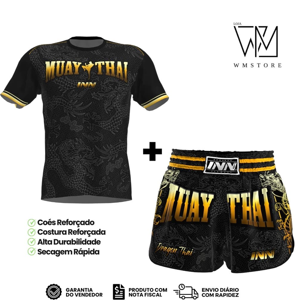 Conjunto Camiseta e Short Muay Thai Unissex Dragon Thai Dourado