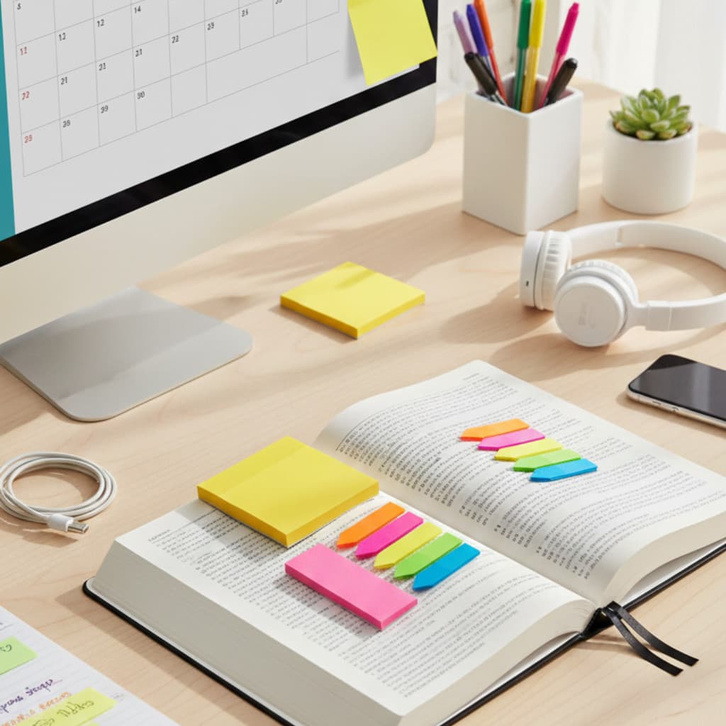 Kit Post-it Colorido 7 Peças Bloco Colante + Marcadores Setas Estudos e Organização