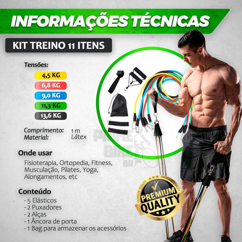 KIT EXTENSOR ELÁSTICO 11 PEÇAS TREINO FISIOTERAPIA E ACADEMIA EM CASA PORTÁTIL RESISTENTE MULTIUSO