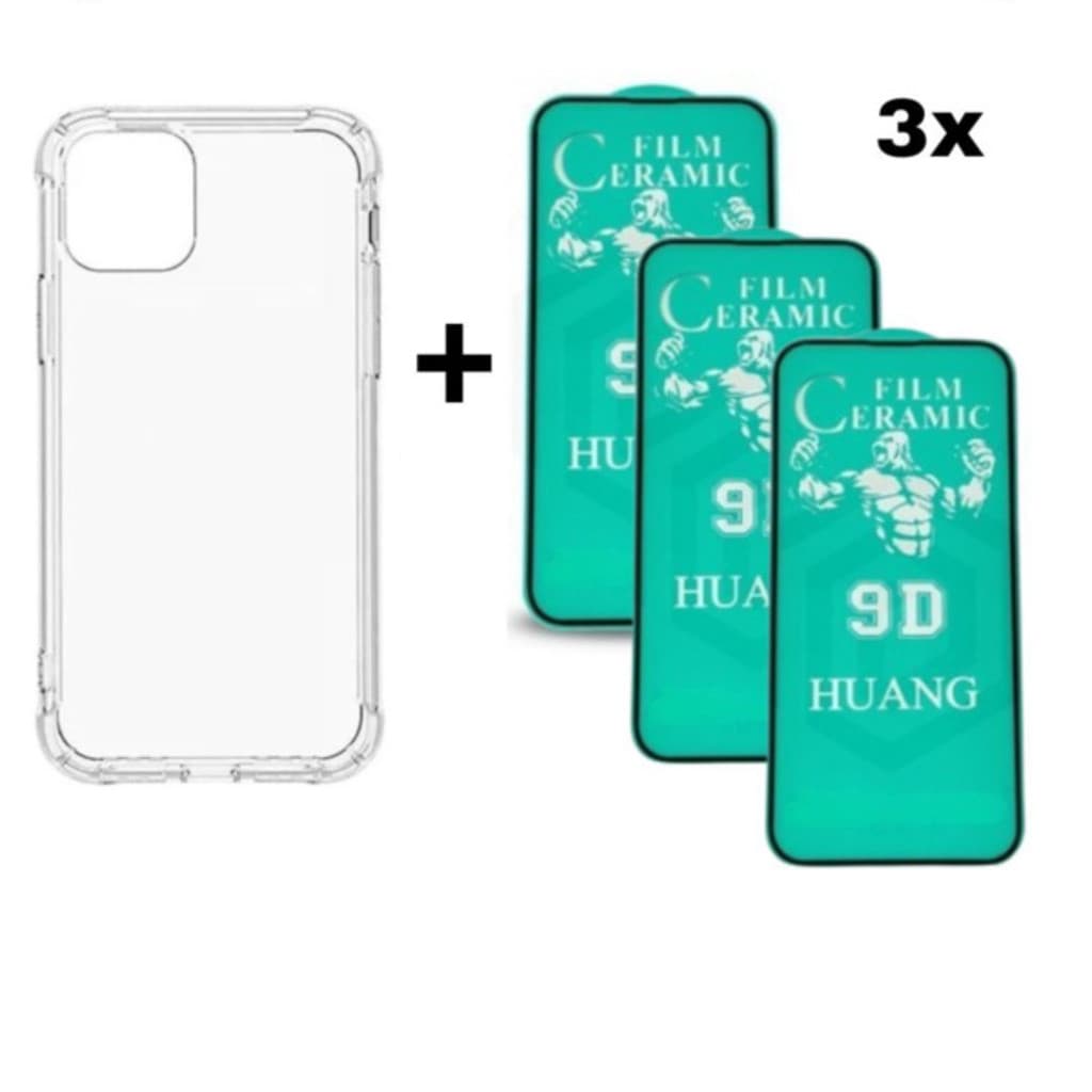 Kit Capa TPU + 3 Películas Cerâmica Resistência Total iPhone X XS 11 12 13 14 15 16 Pro Max