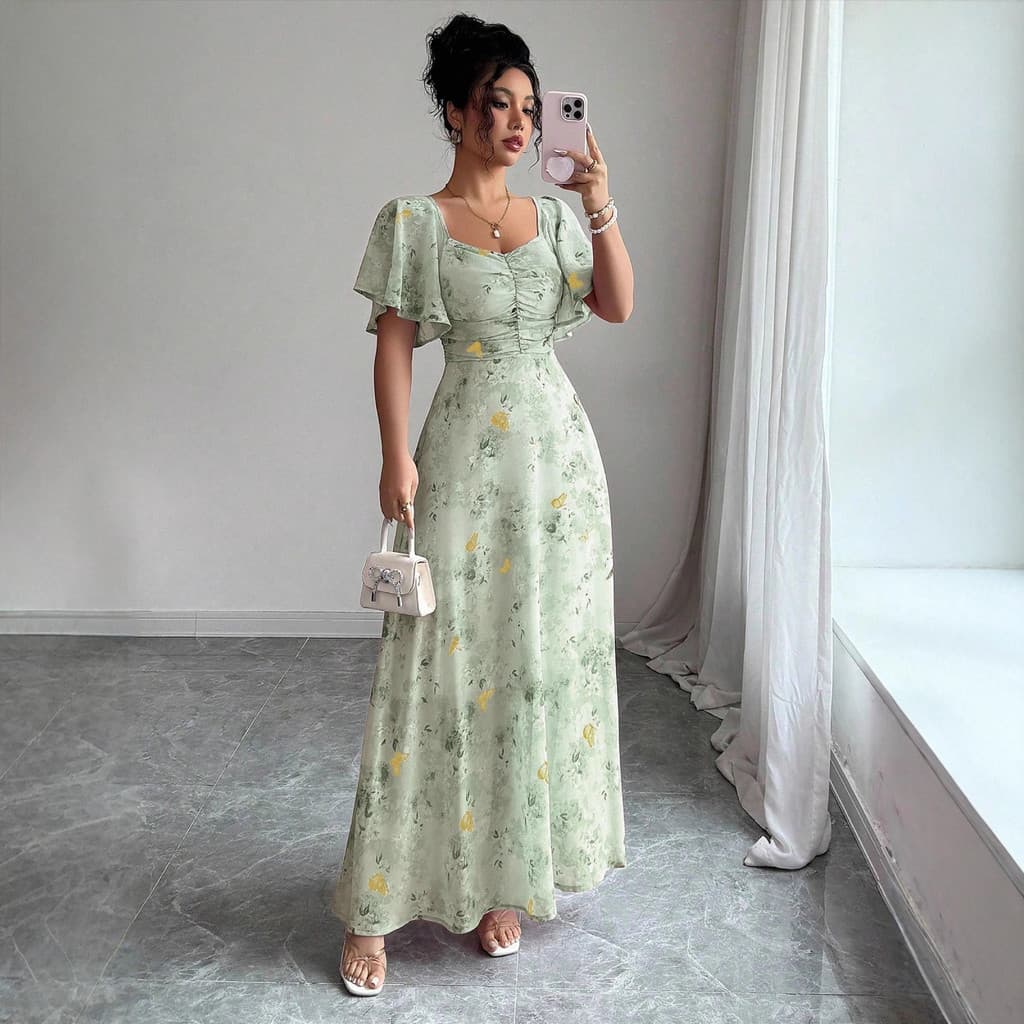 Vestido Mini Francês de Chiffon com Estampa de Borboleta e Barra Franzida Estilo Europeu e Americano TJNZ
