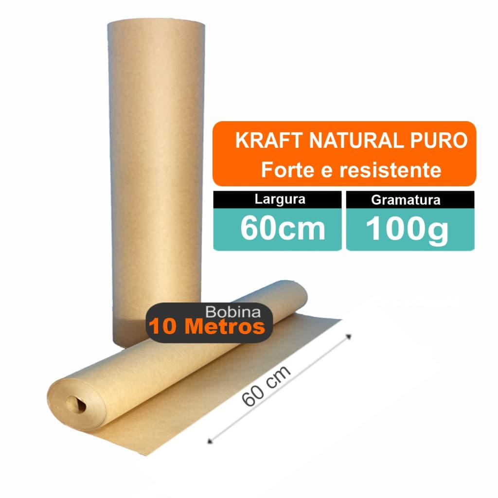 Papel Kraft Natural Pardo 60cm 100g/m2 Bobina Com 10 Metros Embalagem sacolas enfeites artes