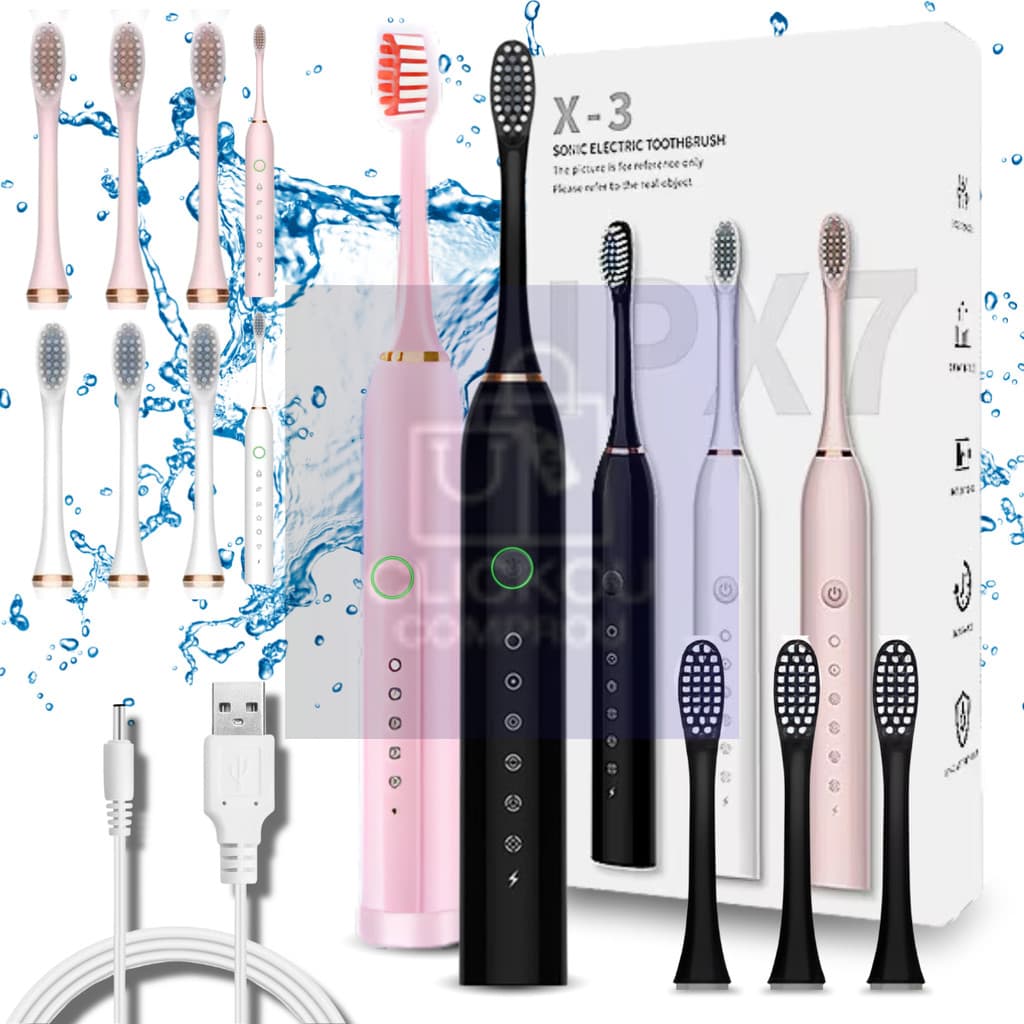 Escova De Dentes Elétrica X-3 Ultra-sônica Com 3 Refis Recarregável Limpeza Profunda Premium