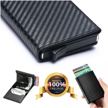 Carteira Mágica Tripla Masculina Slim Fibra De Carbono Preta Couro Porta Cartões Proteção RFID