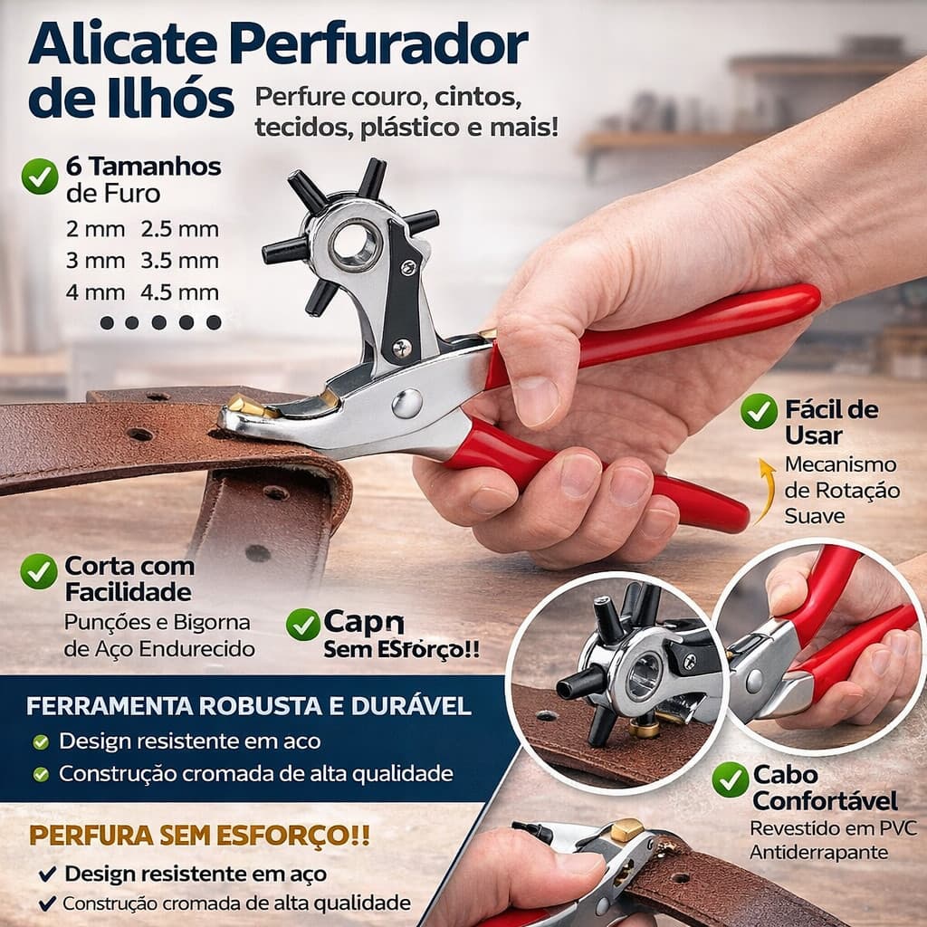 ALICATE FURADOR VAZADOR DE COURO 9 POLEGADA 6 TAMANHOS FUROS