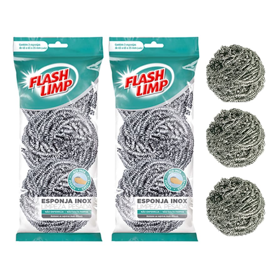6 Esponja Aço Inox Flash Limp Limpeza Pesada Não Enferruja