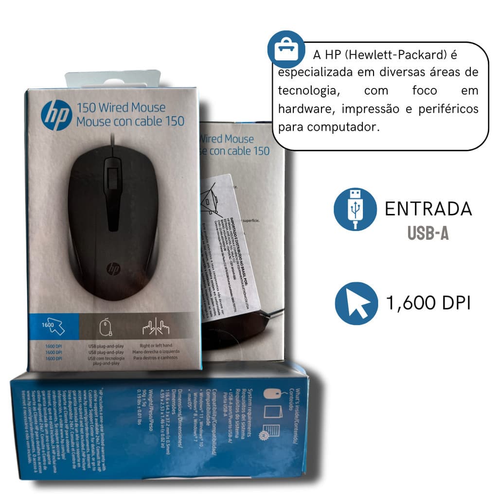 MOUSE HP 150, USB, 1600 DPI, 3 BOTÕES, PRETO