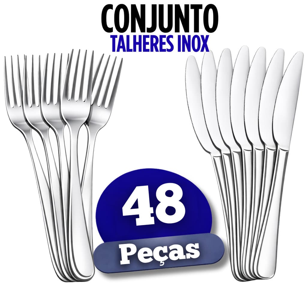 Conjunto Talheres Inox Facas e Garfos Kit Com 48, 24 e 12 Pecas Para Almoco Jantar Refeicoes e Eventos