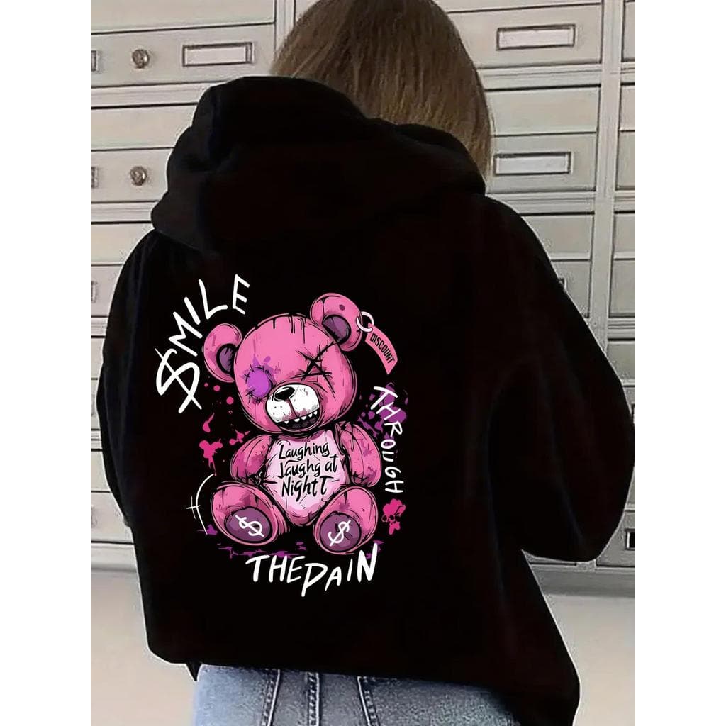 Blusa Casaco Moletom Frio Canguru Bolso Capuz Streetwear Casual feminino Unissex Estampa Urso Smile Rosa Pink New Over