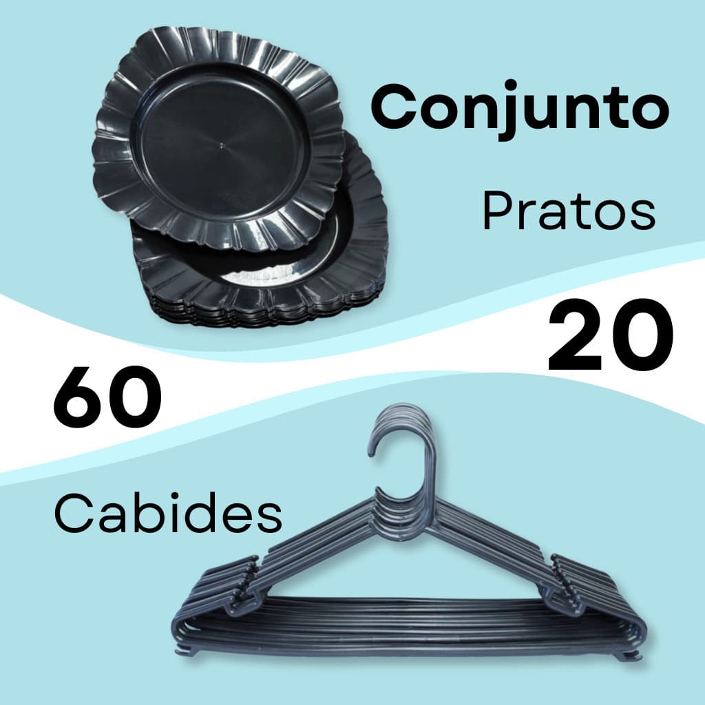 Kit 20 Pratos Plásticos Pretos e 60 Cabides Leves Resistentes Direto da Fabrica Envio Imediato