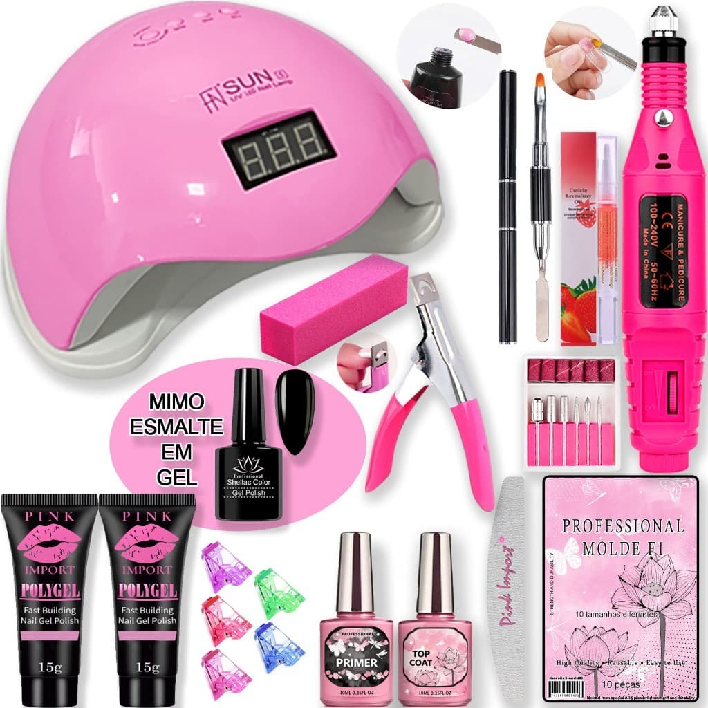 SUPER KIT MANICURE PROFISSIONAL – ALONGAMENTO, BLINDAGEM + CABINE 48W GEL OU POLYGEL  AF