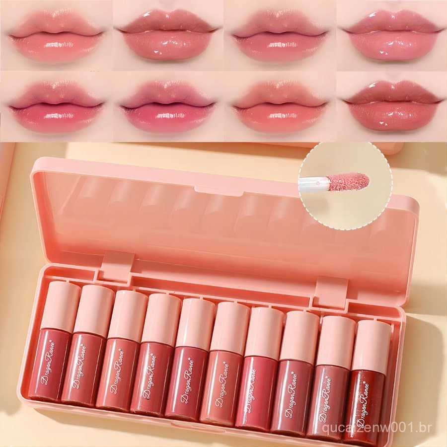Conjunto de Brilho Labial Dragon Ranee 10 Peças: Brilhante, Matte Aveludado, Hidratante, à Prova de Borrões