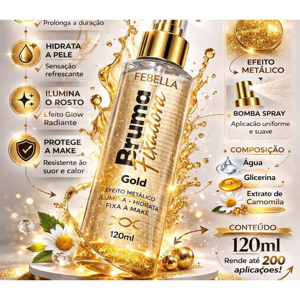 Bruma Fixadora Iluminadora Febella Gold / Bruma Dourada