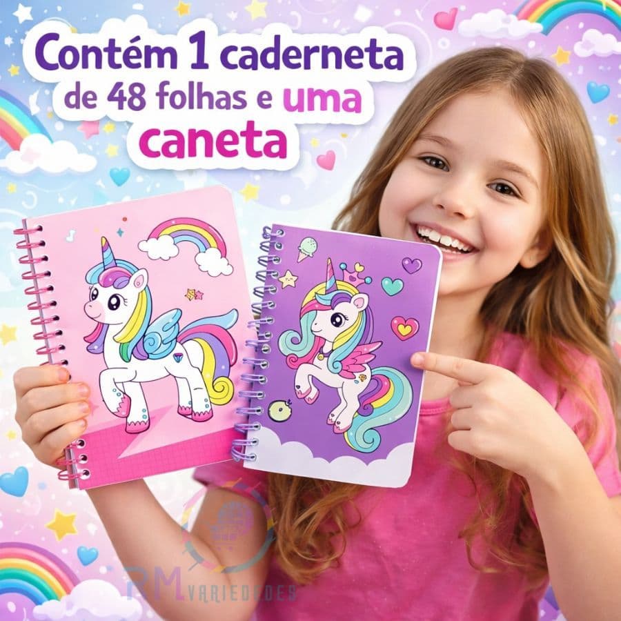 Caderneta Unicórnio Infantil Escolar Volta as Aulas 15cm 48 Folhas 1 Caneta
