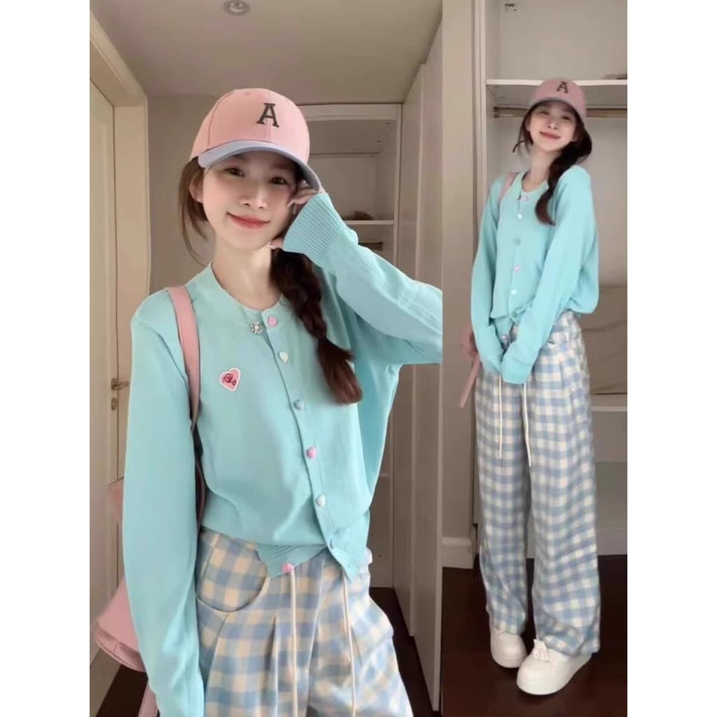 Menina macia versão coreana azul claro de manga comprida malha Cardigan feminino dopamina topo feminino início da primav