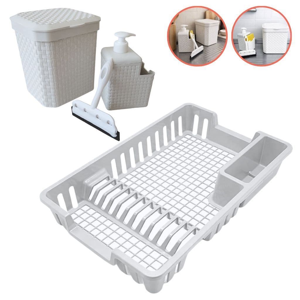 Kit Pia Cozinha Completo Escorredor De Louça Lixeira Rattan Porta Detergente E Rodinho