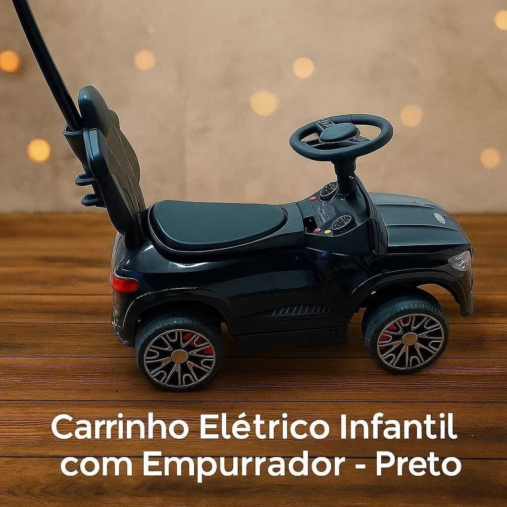 Carrinho Elétrico Infantil Empurrador Preto Mini Carro Alça Bateria Recarregável Passeio