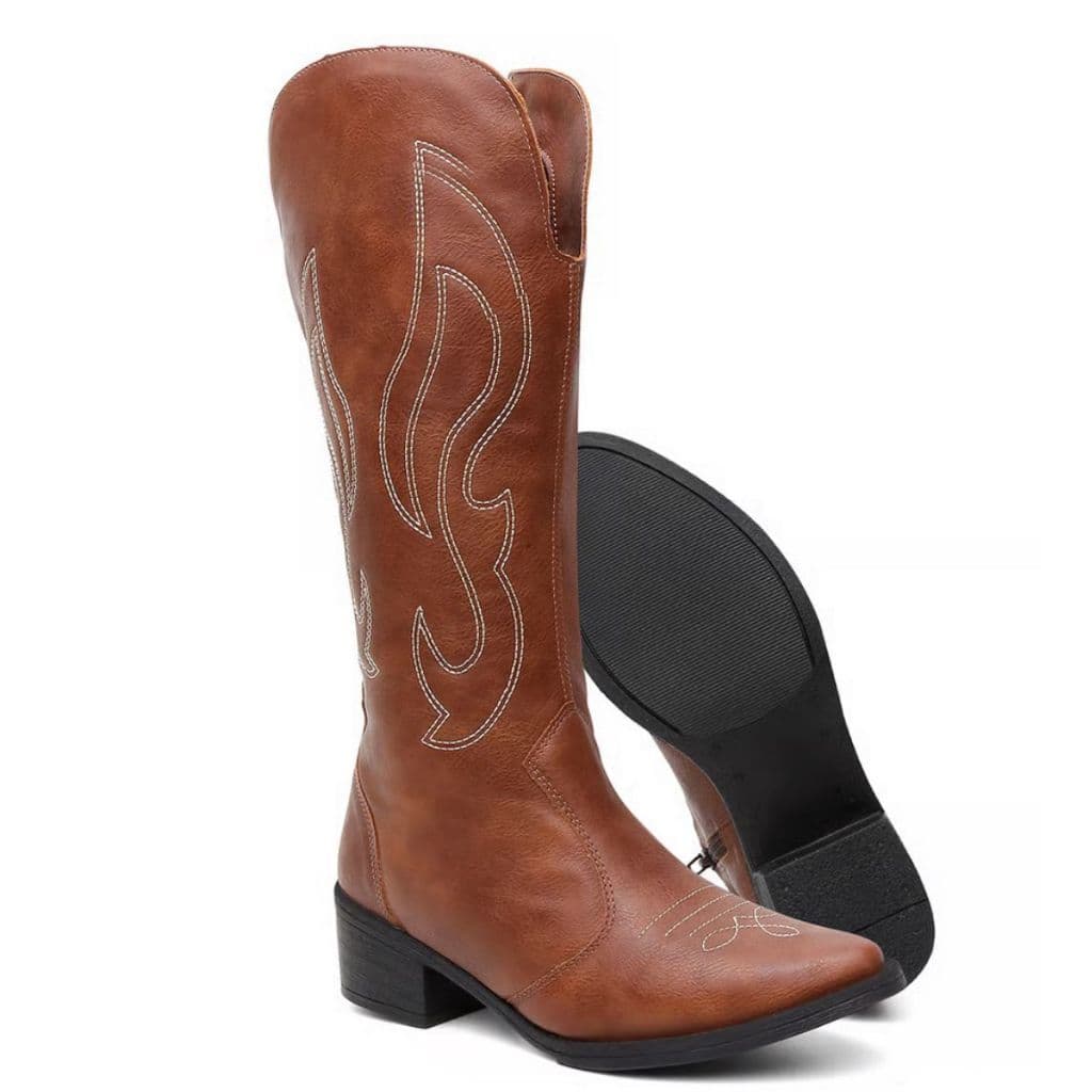 Bota Texana Western Cano Alto Feminina Com Bordado Tendencia Rodeio