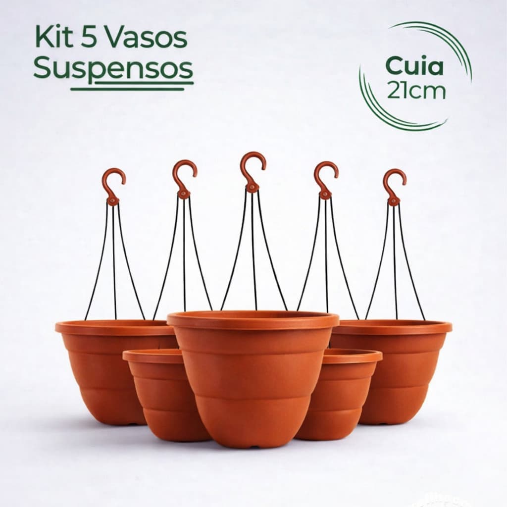 Kit 5 Vasos Cuia 21cm Terracota Marrom com Haste 43cm Resistente Ideal p/ Rosa do Deserto, Samambaia - Cor Ceramica