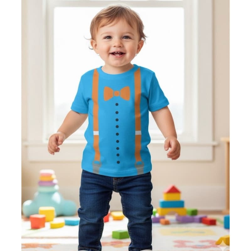 Camiseta Personalizada Blippi Gravata e Suspensório Infantil e Adulto Algodão com Nome Festa Tema Desenho